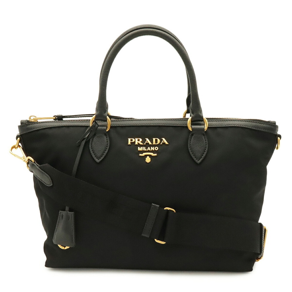 PRADA Prada handbag, tote bag, shoulder nylon and leather, NERO black, 1BA104